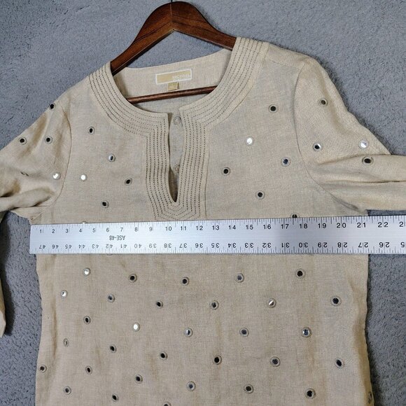 Michael Kors Top Women's Large Tan 100% Linen Sequence Mirror Work Tunic Coastal - Picture 8 of 12